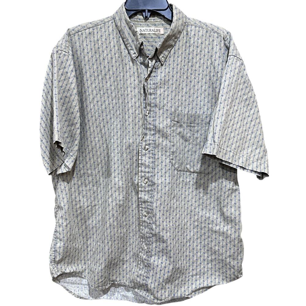 NATURALIFE Men Shirt Size L Tan Blue Linen Cotton Short Sleeve Button Down Print